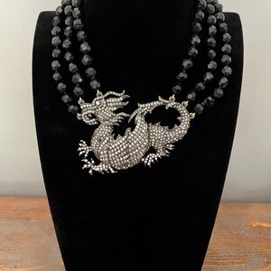 Detailed Vintage Elegant Black and Silver Dragon Necklace
